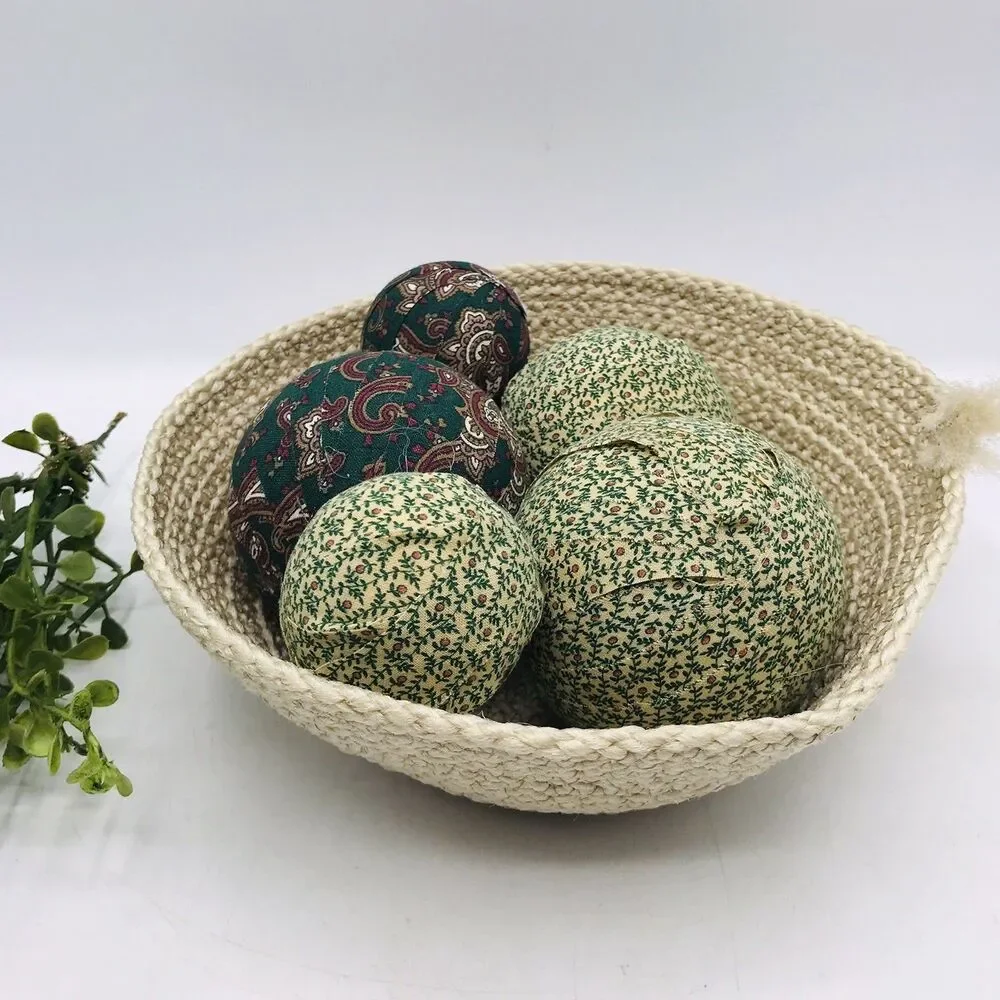 Rope Basket Beige Cream with 5 Vintage Style Balls in Green Handmade 7x7x2.5